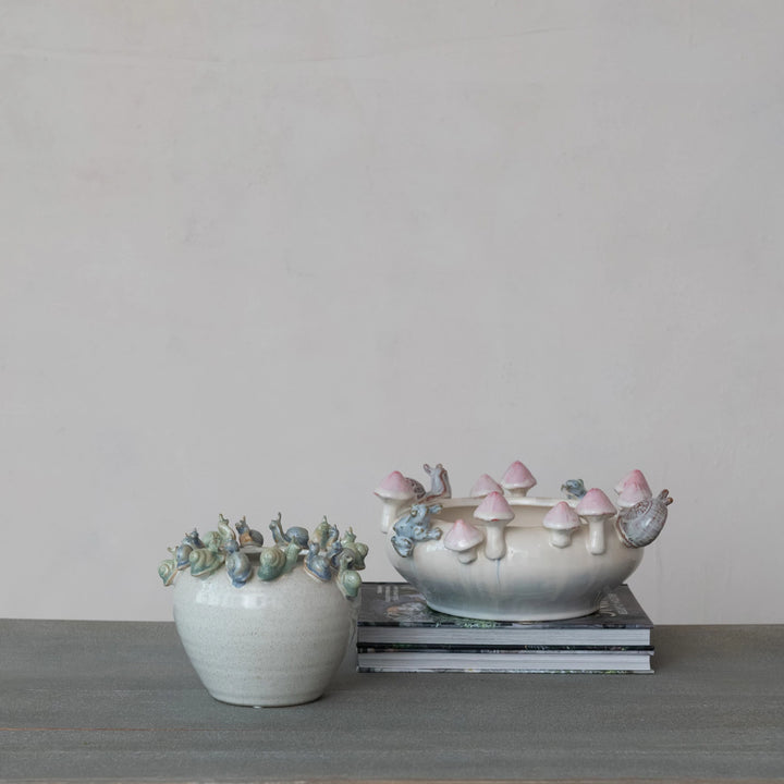 Stoneware Planter with Mushrooms